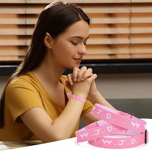 Miniatura 4 de WWJD - Paquete de pulseras para niñas adolescentes, 12 pulseras ajustables de letras rosas W.W.J.D. Regalos de alegría a granel para equipo, regalos