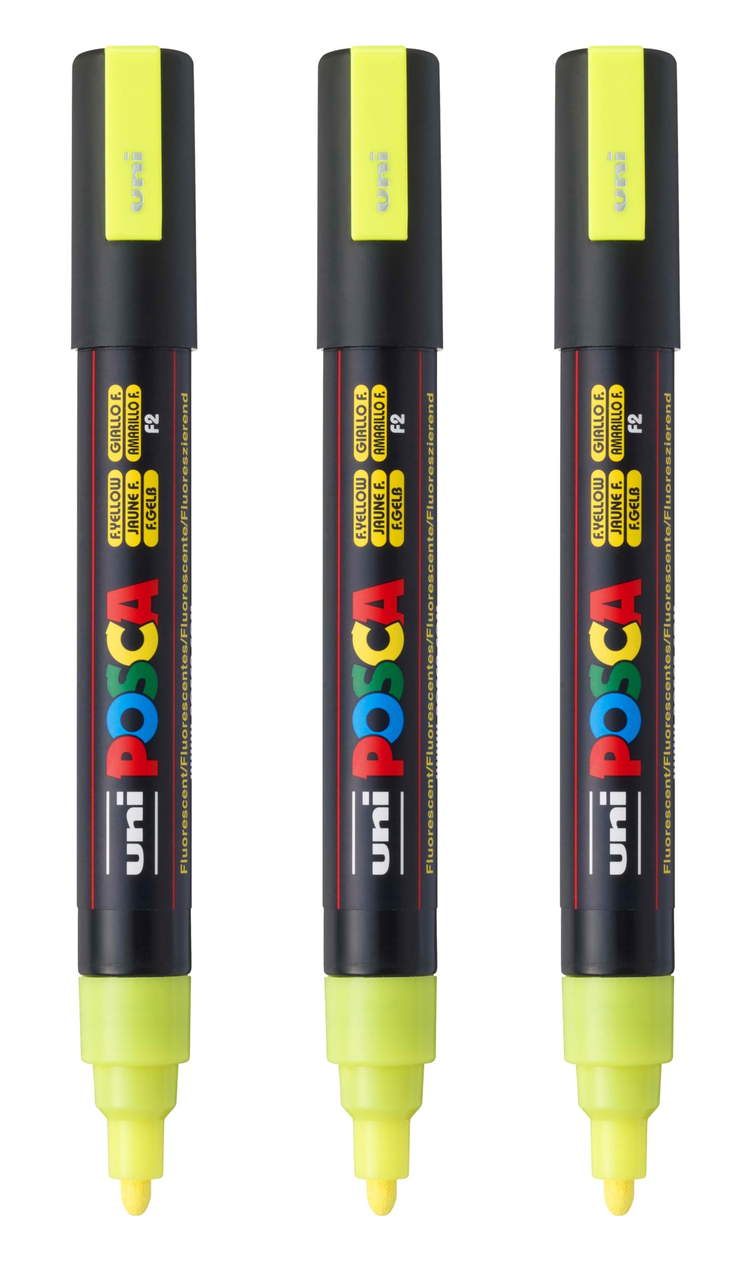 posca PC-5M Water-Based Paint Markers, Reversible Medium Tip (1.8-2.5mm), Fluorescent Yellow, 3 Count