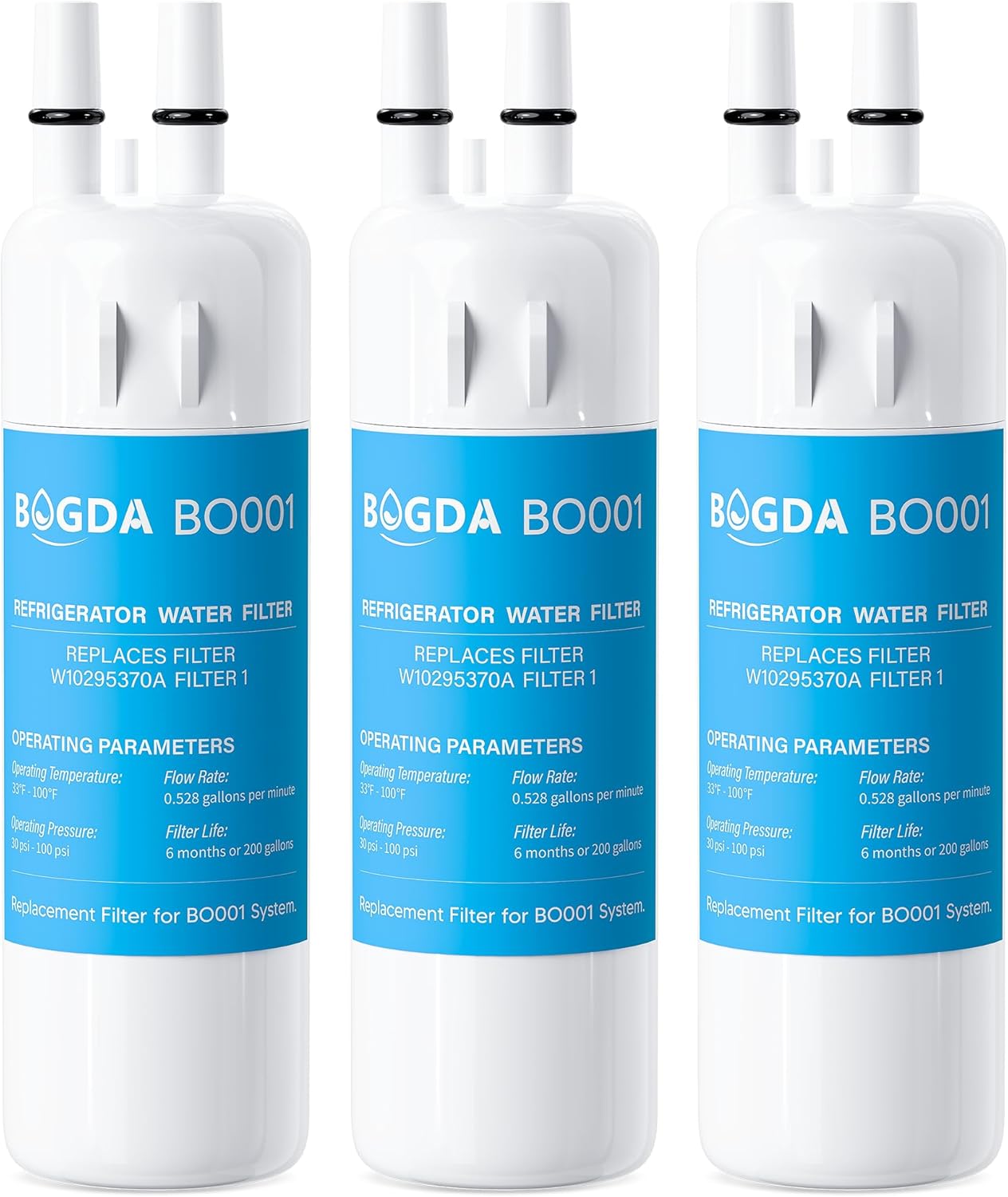 BOGDA W10295370A Water Filter Replacement Fit for EDR1RXD1, WHR1RXD1, Filter 1, W10295370, KAD1RXD1, P8RFWB2L, P8WB2L, P4RFWB, P5WB2L, 46-9081, 46-9930 Compatible with Whirl-pool Ken-more (3 Filters)