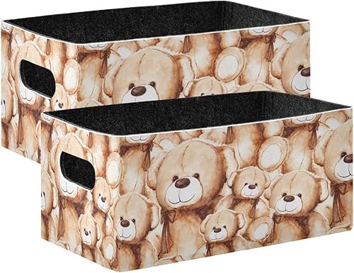 Juego de 2 canastas de almacenamiento con diseño de oso de peluche (2 unidades), plegables de fieltro con asas dobles, cesta de juguetes para