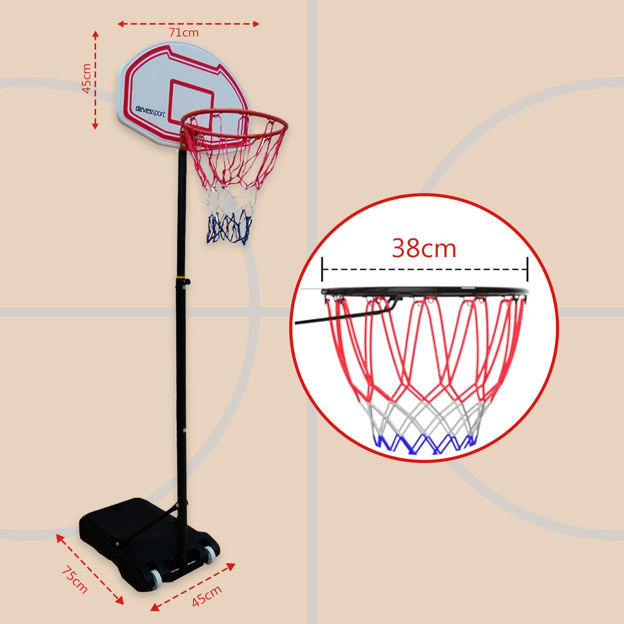 DEVESSPORT Canasta Baloncesto Regulable 165-210 cm | Canasta Baloncesto Adolescentes y Adultos para Exterior | Canasta Ajustable con Base Estable y Aro con Red