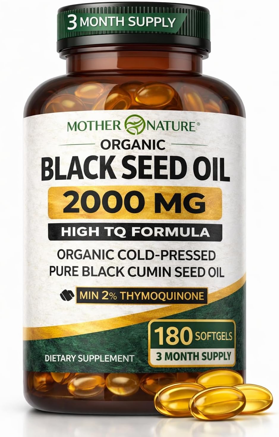 Black Seed Oil Capsules 2000mg Per Serving, Organic Cold Pressed Black Cumin, High TQ, Immune & Joint Support, 180 Count (3 Month Supply)