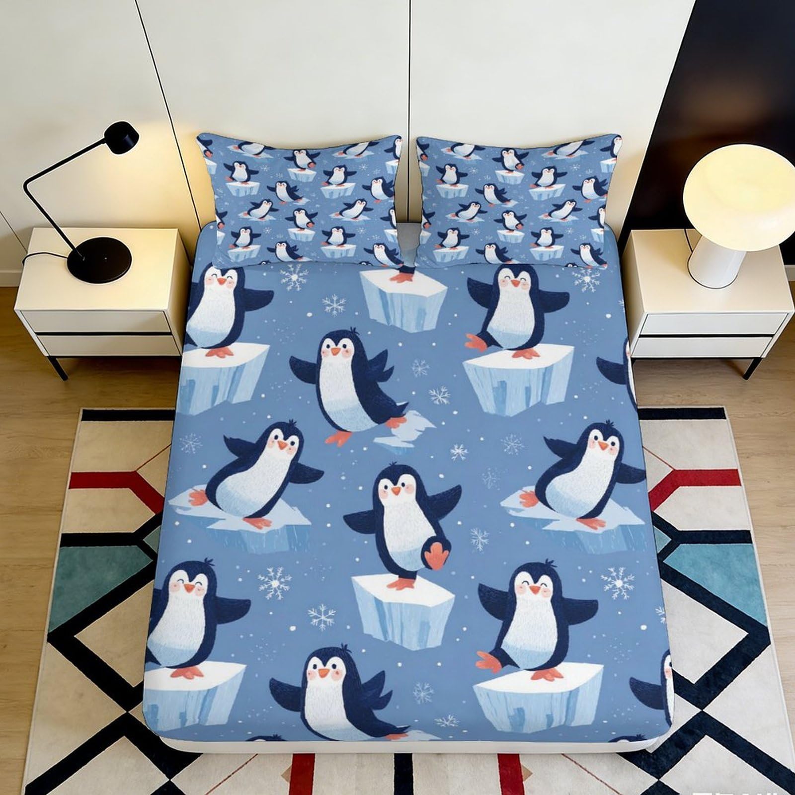3D Printed Cartoon Penguin Fitted Sheet Microfiber Blue Mattress Cover for Bedroom Dorm Mattress Protection Decor 120x200x25cm