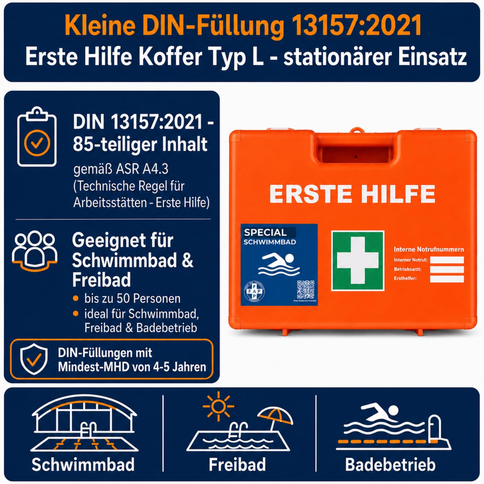 FAP Erste-Hilfe-Koffer Schwimmbad DIN 13157 gefüllt - Orange | Beatmungstuch & Kältekompresse | Pool Aqua Freibad Hallenbad Wassersport ABS Kunststoff, Betriebsverbandkasten Wandhalterung -33×42×15 cm