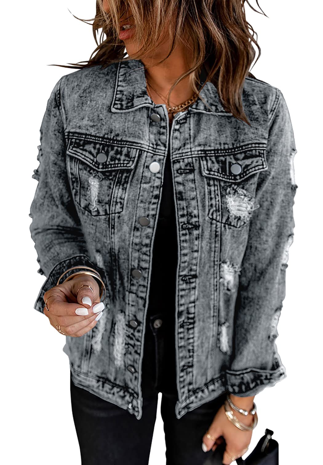 Necooer Denim Jeansjacke Distressed Authentics Damen Jeansjacke