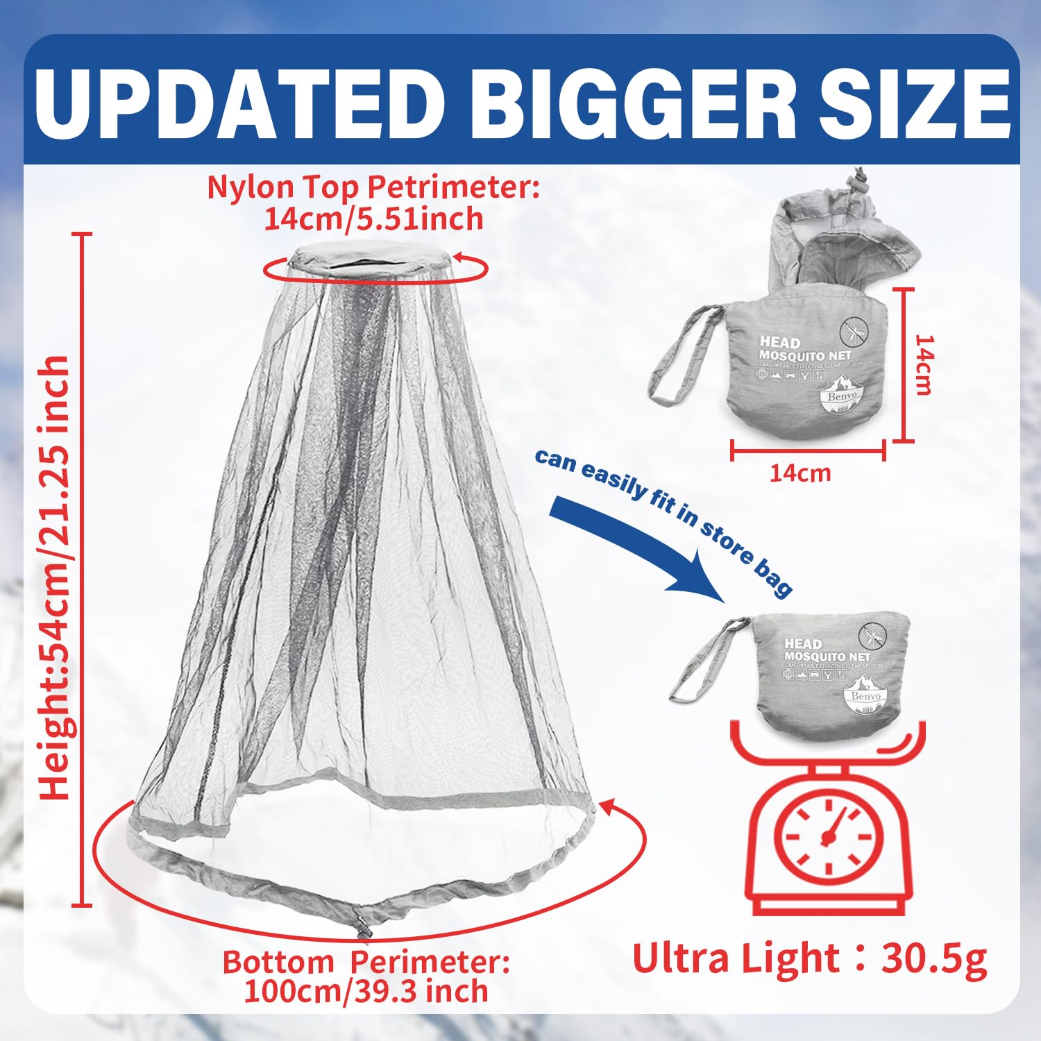 Benvo Mosquito Head Net Mesh One Piece Face Neck Fly Netting Cover from Bugs Gnats Noseeums Hat-Compatible Insect Shield for Fishing, Camping, Gardening (2pcs, Grey, Upgraded Big Net)