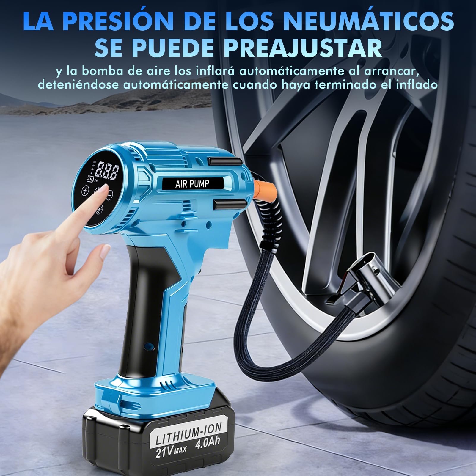 Inflador Ruedas Coche Portatil 150PSI con Batería Extraíble de 21V | Compresor Aire Inalámbrico, Apagado Automático, con Pantalla LCD, Luz LED para Coches Motos Bicicletas Pelotas