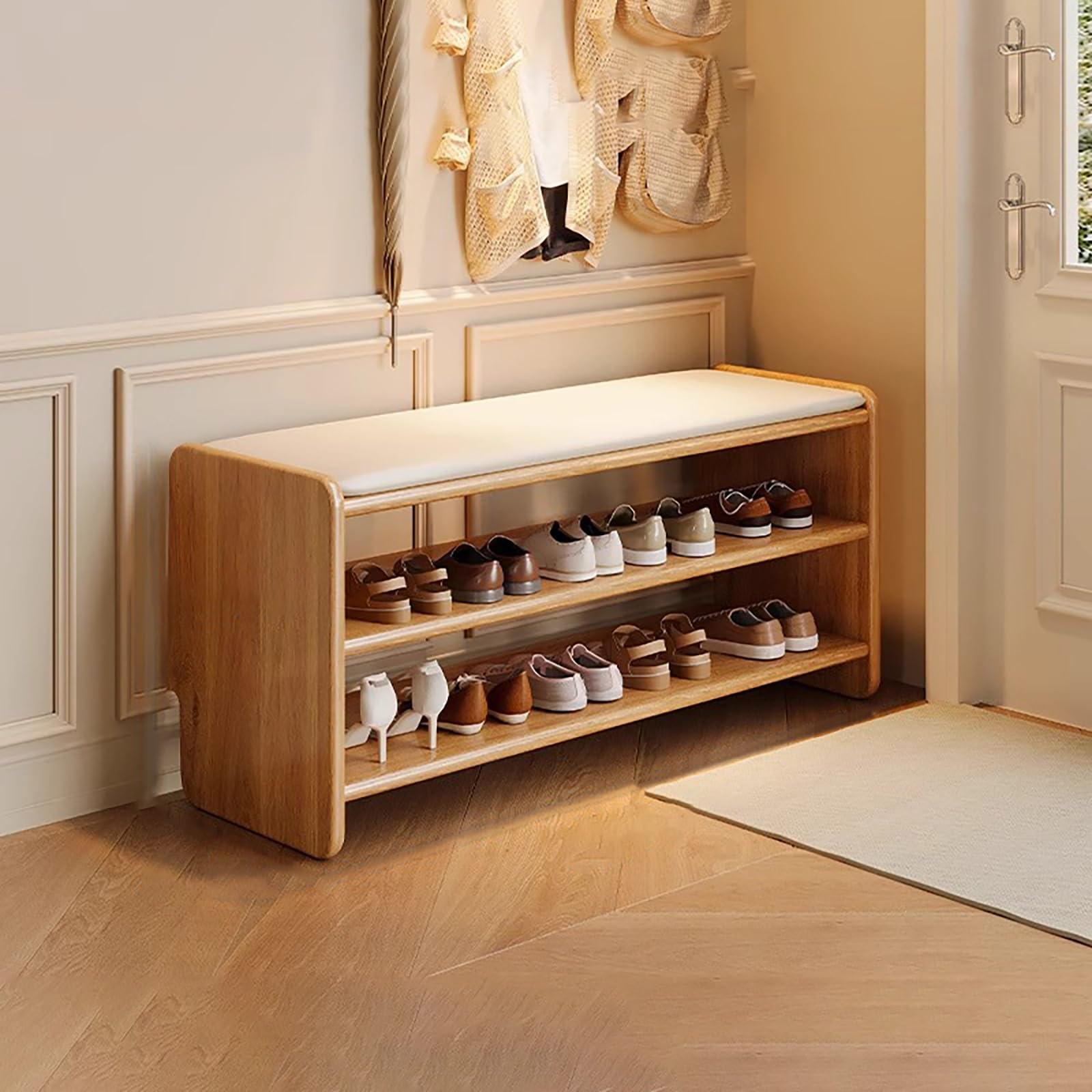 MSHGSKU Modern 2 Tier Wood Shoe Storage nizer Bench with Padded Seat Stylish Hallway Shoe Rack for Entrance & Front Door (ge 100x30x42cm)