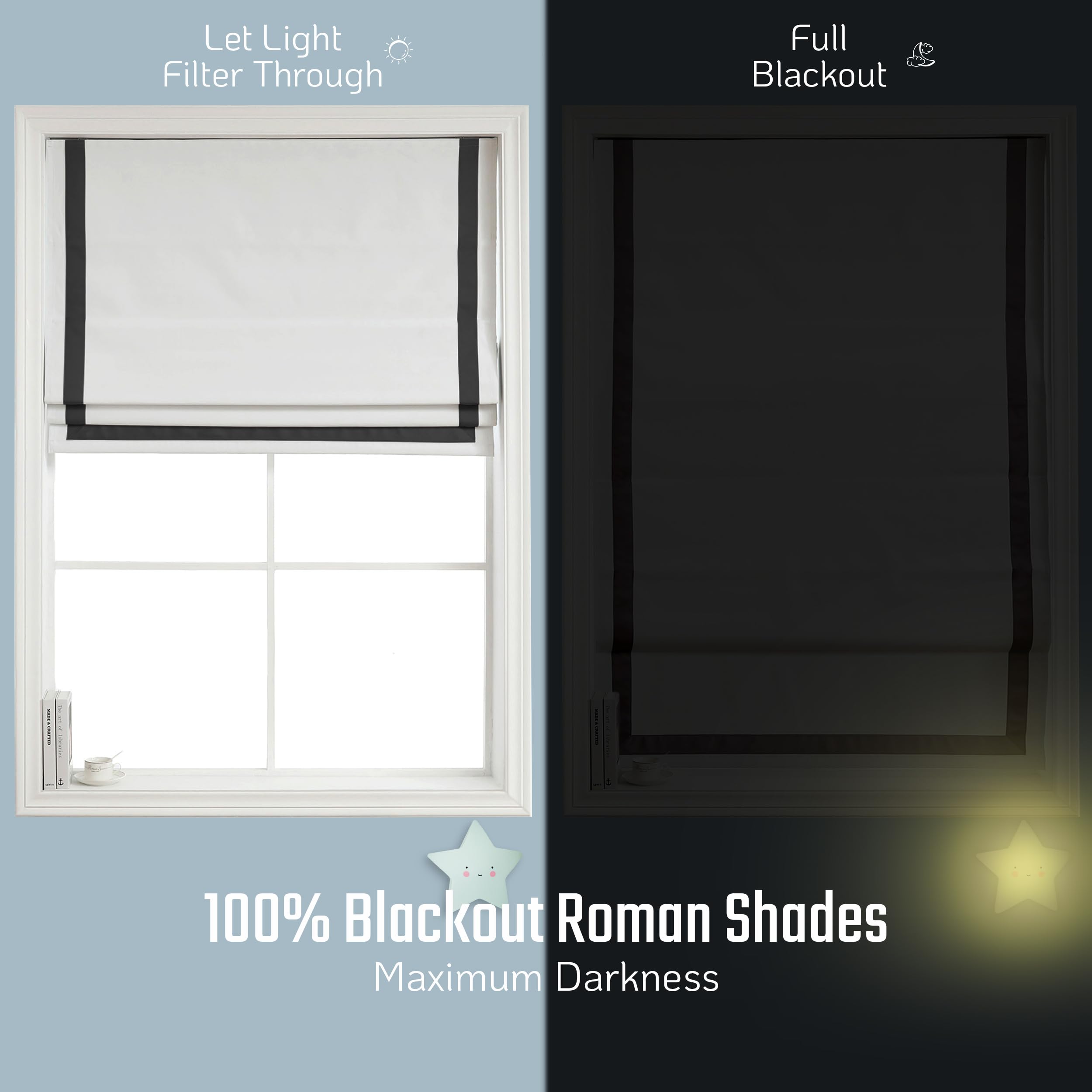 Greenwich Cordless 100% Blackout Fabric Roman Shades for Windows, Premium Pull-Down Blind for Home, Bedroom, Living Room, Kitchen, Office, with Ribbon Border, Black, 36x64 Inches
