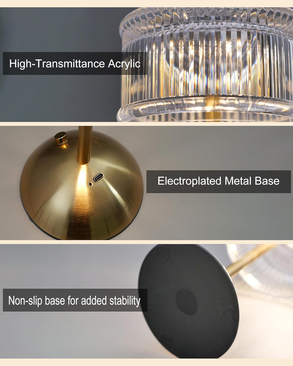 Cordless Table Lamp, Crystal Rechargeable Battery Operated Lamp, 3-Color Stepless Dimmable Touch Lamp, 2000mAh Portable LED Nightstand Lamp for Restaurant, Bedroom, Patio, Antique Bronze