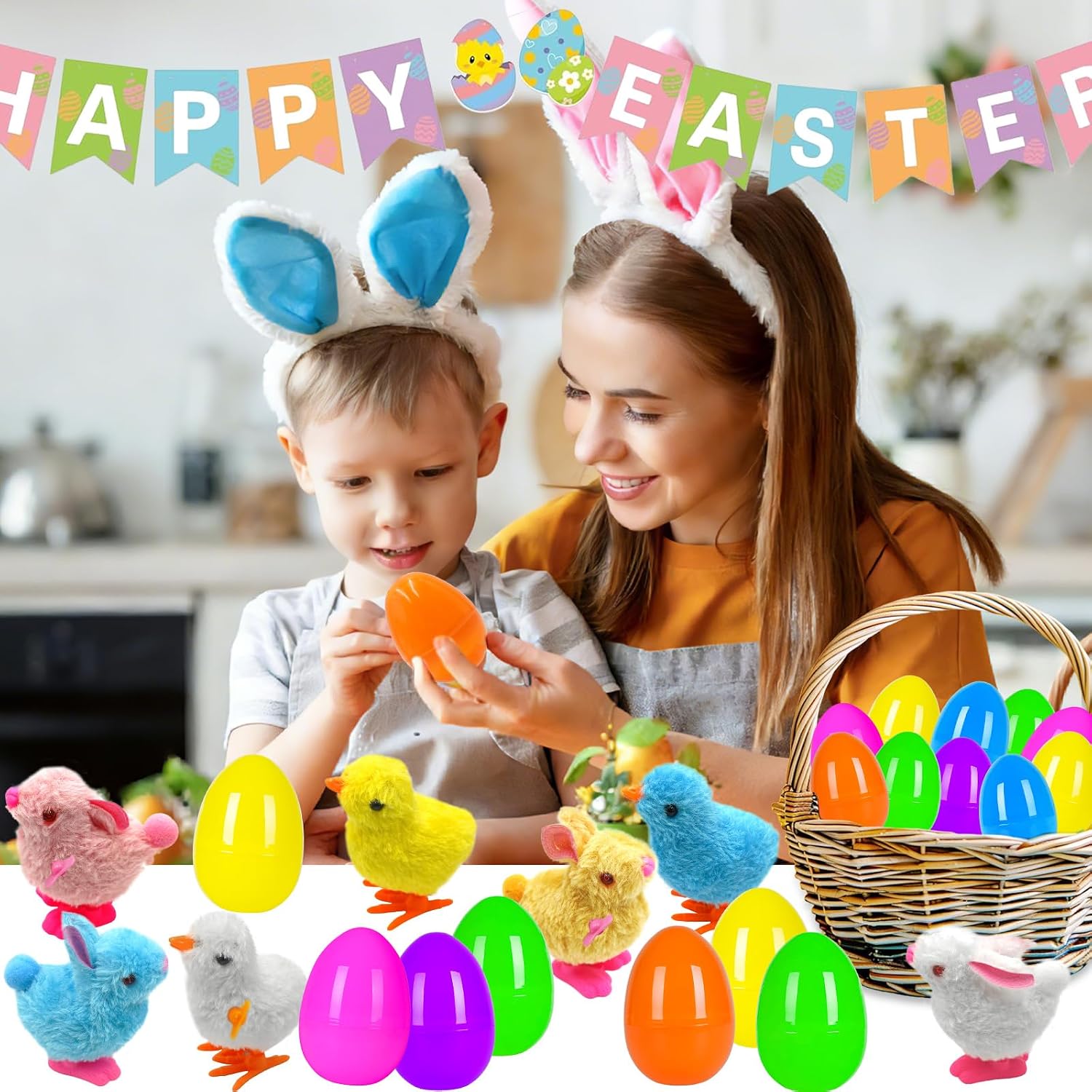 Jumbo 4" Easter Eggs Filled with Wind-up Toys , 8 Pack Colorful Easter Egg Wind Up Jumping Bunnies and Chicks for Kids Boys Girls Hunt Filling Treats Easter Basket Stuffers Easter Party Favors