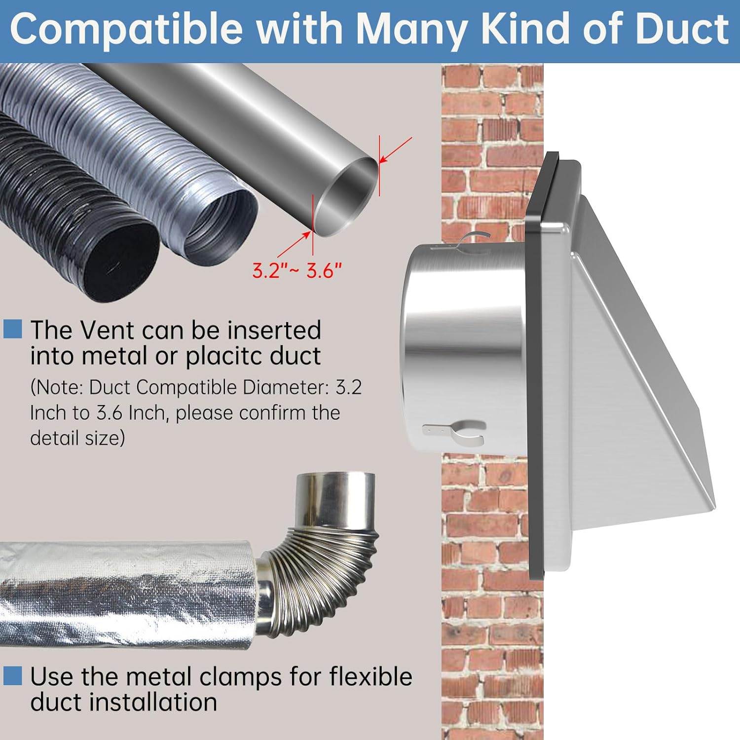 ForoGore 2 Pack 4'' Metal Dryer Vent Cover Outdoor Wall with Rubber Cushioned Non Return Flap, 4 Inch External Extractor Wall Vent, Stainless Steel Outside Dryer Vent Covers for House