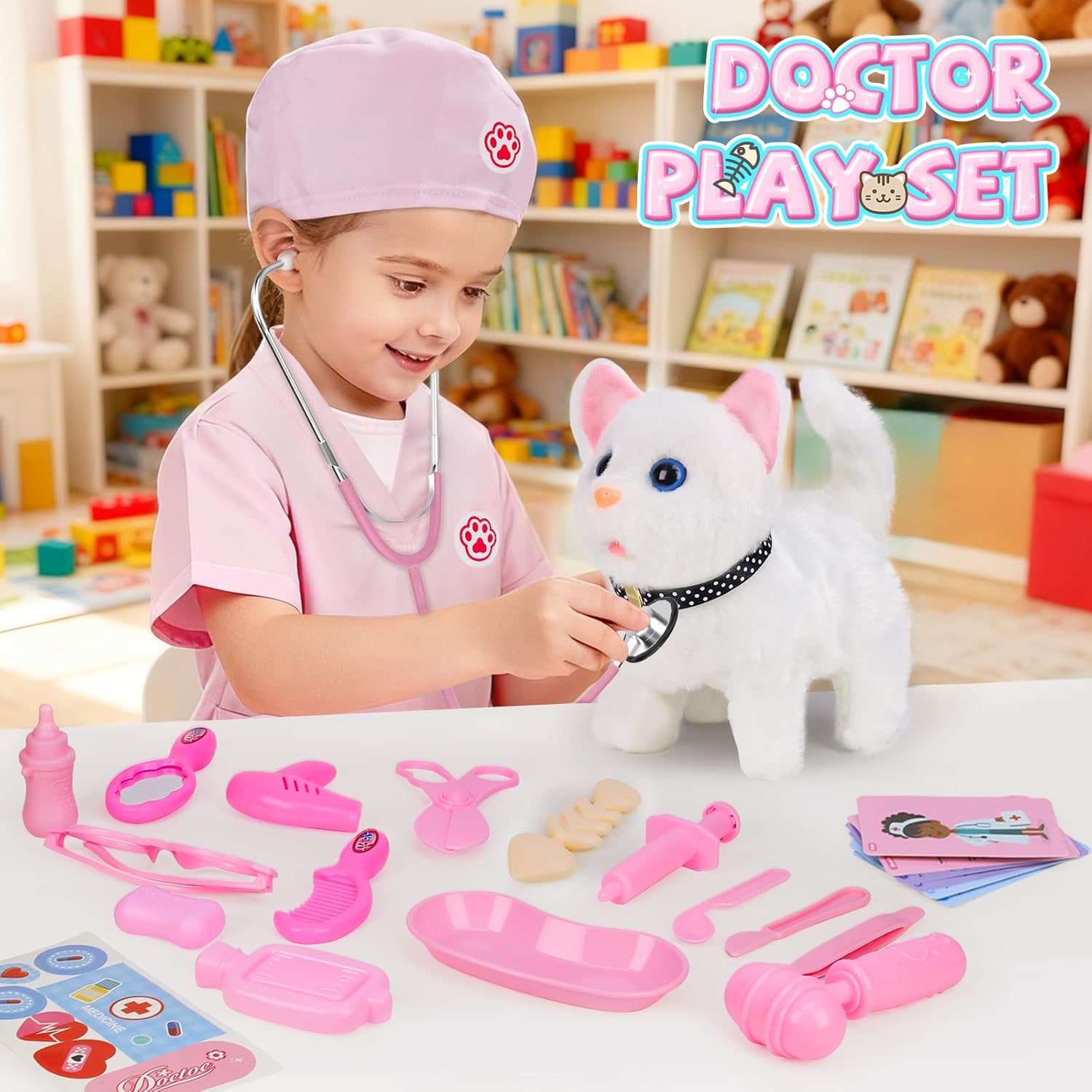 Doctor Kit for Girls, 27 Pcs Veterinarian Playset with Walking Cat Toy, Carrying Bag, Stethoscope & Dress Up Costume, Pretend Play Gift for Kids Toddlers Ages 3 4 5 6 Year Old - Image 3