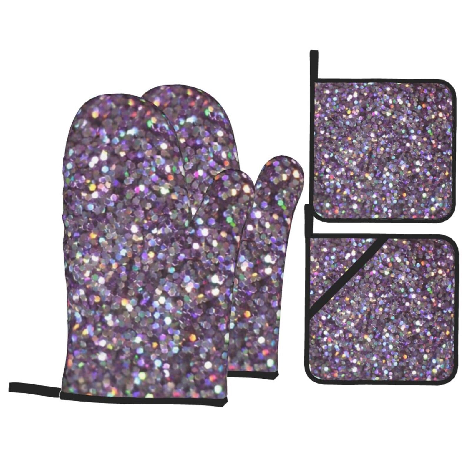 Sequin Pattern Print Stylish Heat-Resistant Oven 4-Piece Set Kitchen Gloves Roasting Daily Cooking