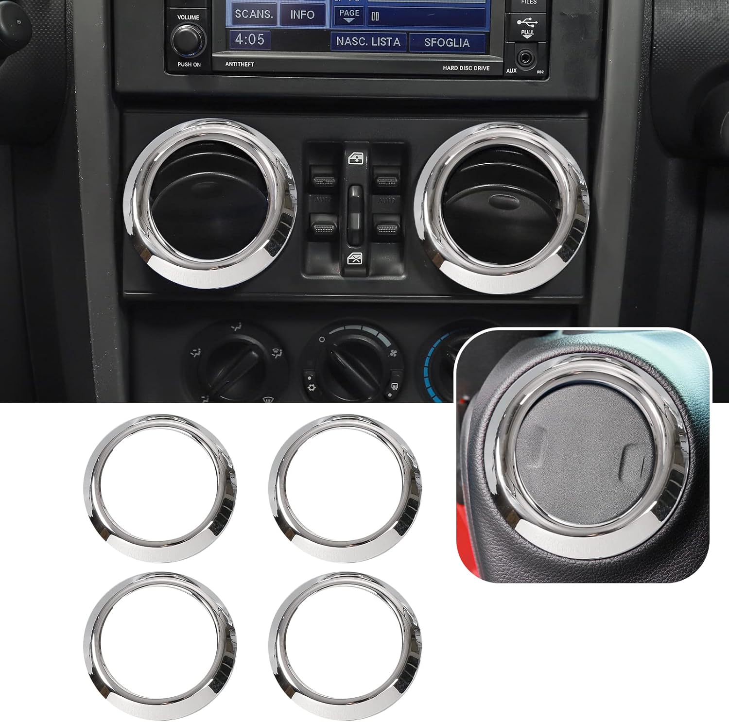 4PCS AC Air Conditioning Vent Cover Trim Decoration Ring Interior Accessories Fit for Jeep Wrangler JK JKU 2007-2010 (Chrome)