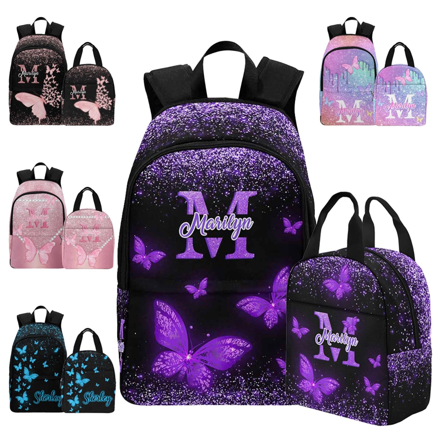 VPrtious Personalized Kids Backpack with Lunch Box, Custom Glitter Butterfly School Bag for Children Casual Daypacks Customized Travel Bookbag with