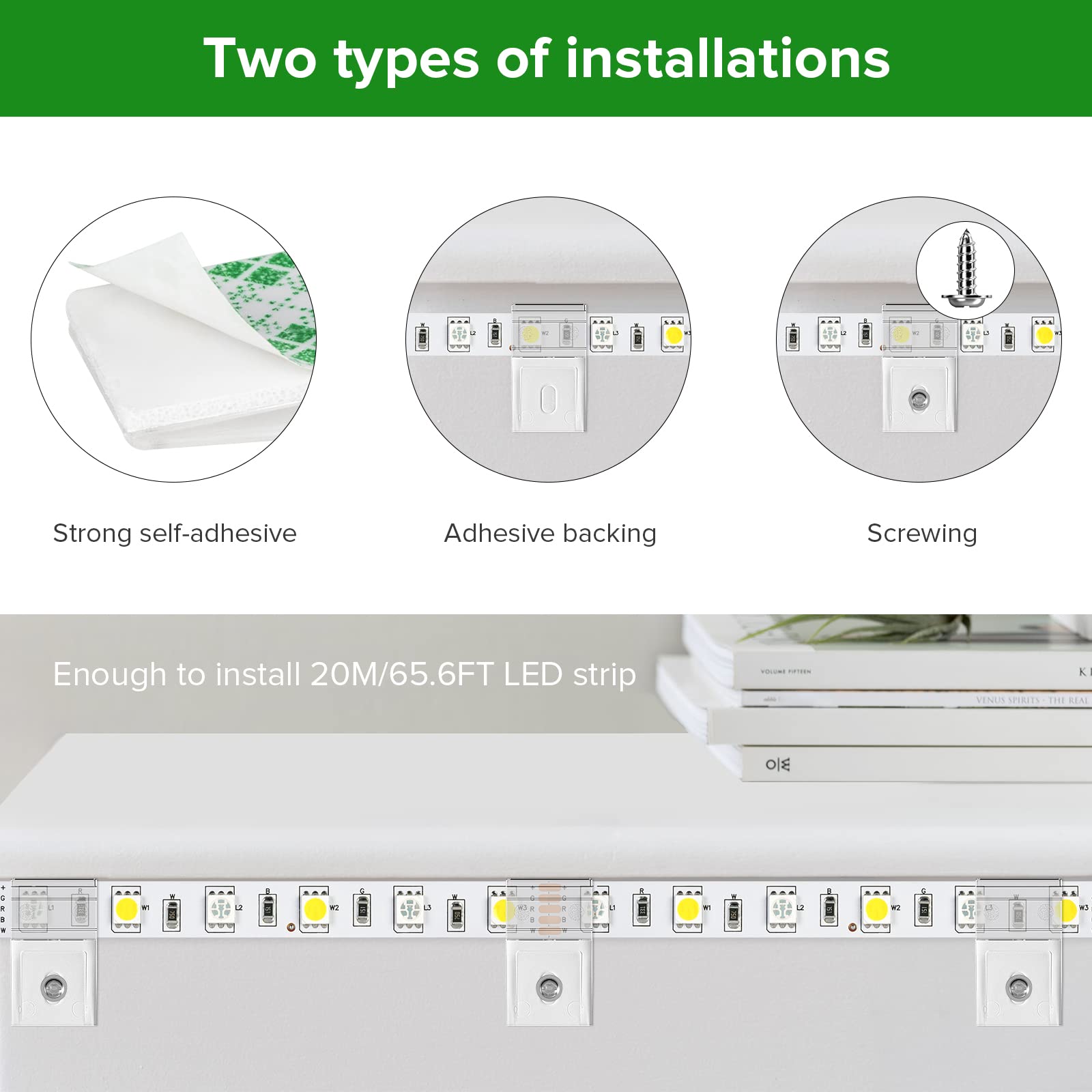 Hysmigor transparent Strip Light Clips, Self Adhesive with Screws Mounting Holder, 50Pcs LED Strong Fixing Clips And Screws For 0.39in/10mm Width IP30/65 2-4PIN Strip Lights,Fairy Lights,String Lights — Amazon image 4