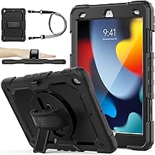 SEYMAC stock Coque pour iPad 9eme/8eme/7eme Generation 10,2'' 2021/2020/2019, Coque Antichoc avec Protecteur D'écran [Béquille/Dragonne Rotative à 360 Degrés] & Porte-Crayon (Noir)