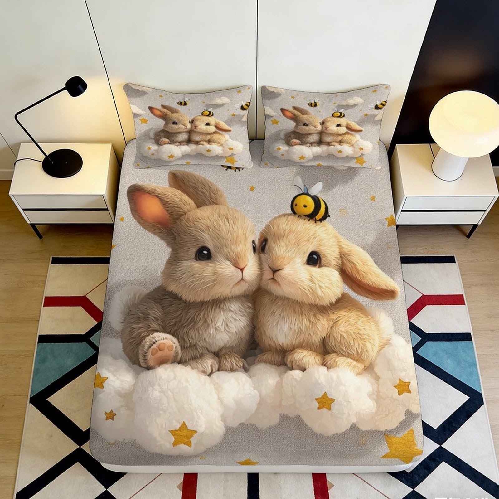 3D Printed Cute Bunny Fitted Sheet Microfiber Soft Plush Rabbit Bed Sheet for Bedroom Guest Room Decor Protection 90x200x25cm