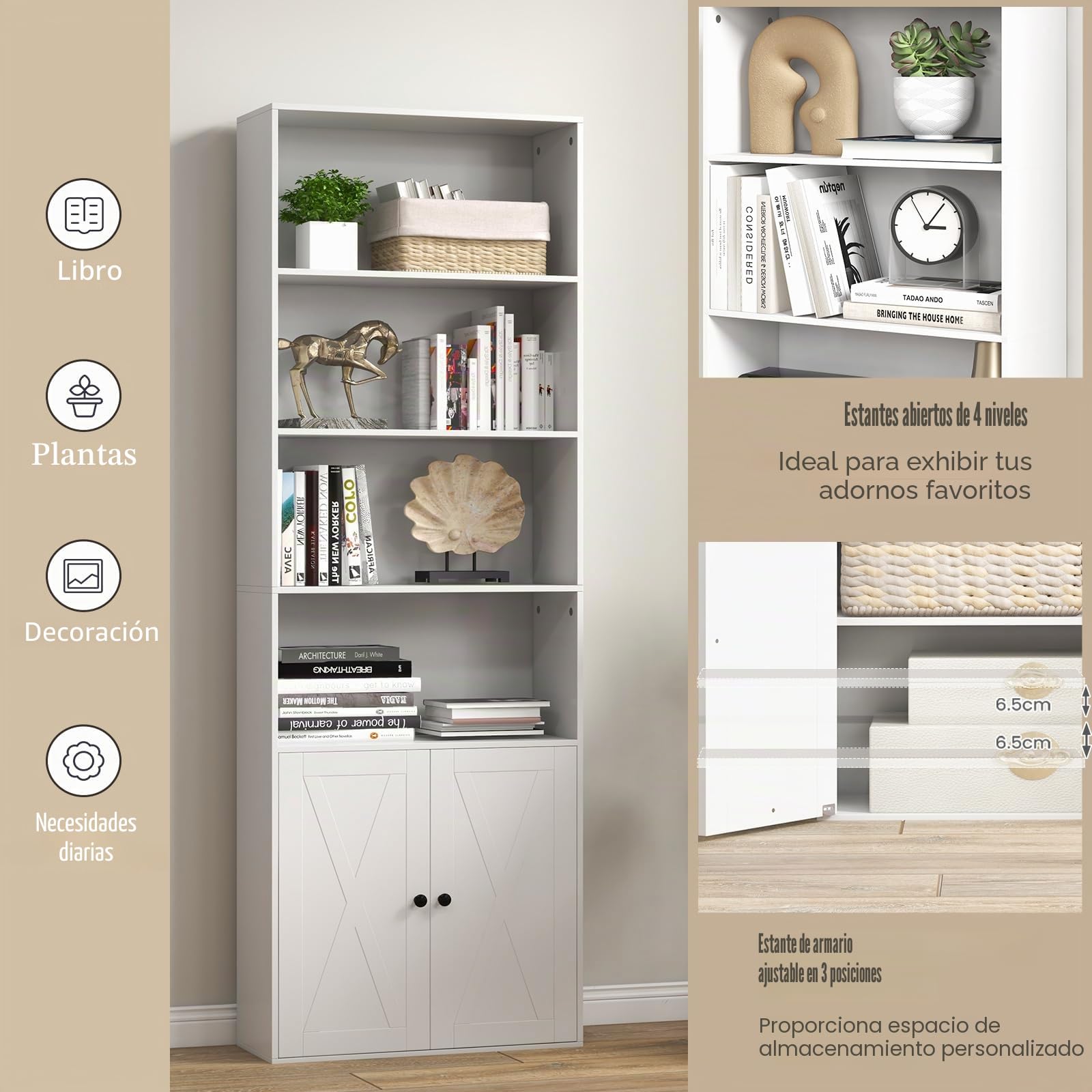 KOMFOTTEU Librería de Madera con 4 Estantes Abiertos, 60 x 24 x 180 cm