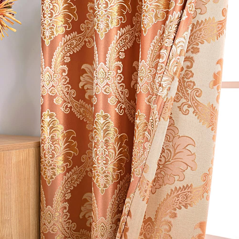 ELKCA Jacquard Luxury Curtains Panels Window Curtains for Living Room,Grommet Top, Pack of 2 (Damask-Coffee, 52" W x 96" L)
