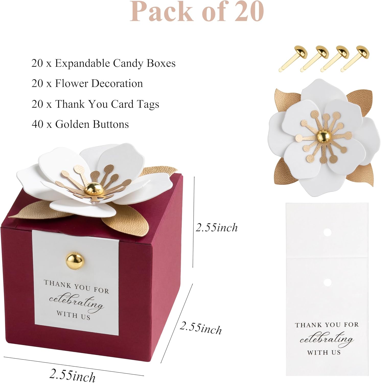 FEIYI 20 PCS Candy Boxes, 3 In 1 Burgundy Favor Boxes with Floral Decor, White Thank You Tags Gift wrapping for Wedding Birthday Baby Shower Decorations Party -2.55x2.55x2.55'' - Image 2