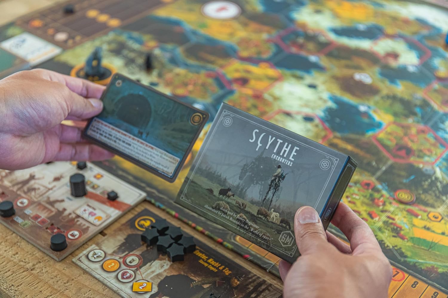 Stonemaier Games: Scythe Encounters Expansion by Jamey Stegmaier | Add to Scythe (Base Game) | 32 New Encounter Cards with Innovative & Fun Events Illustrated by Jakub Rozalski | 1-5 Players, 115 Mins