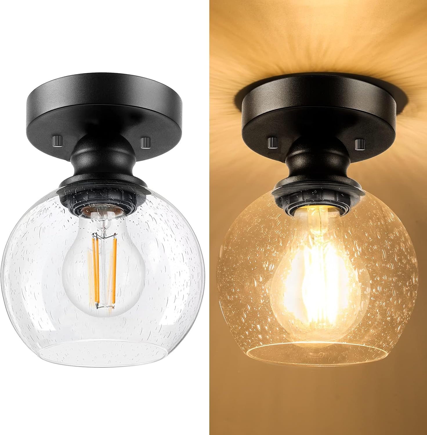BoostArea Industrial Semi Flush Mount Ceiling Light, Hanging Ceiling Lamp with Seeded Glass Shade, Farmhouse Light Fixture for Porch Hallway Corridor Kitchen Bathroom Bedroom, Bulb Not Included