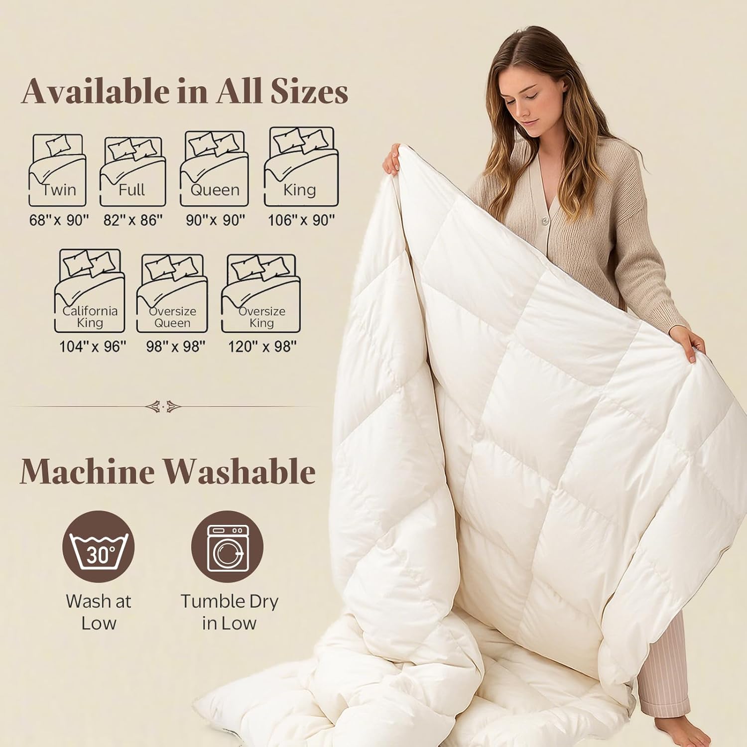 Luxury Goose Down Feather Fiber Comforter Queen Size - Ultra-Soft Egyptian Cotton Blend Cover, Fluffy High Fill-Power All Season Hotel Duvet Insert(90x90 inch, White)