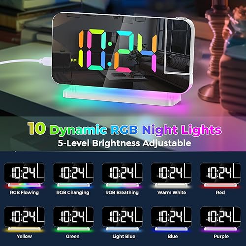 Miniatura 4 de Reloj de proyección, reloj despertador digital con espejo LED de 7.4 pulgadas, con luz nocturna RGB, proyector giratorio de 180, puerto de cargador