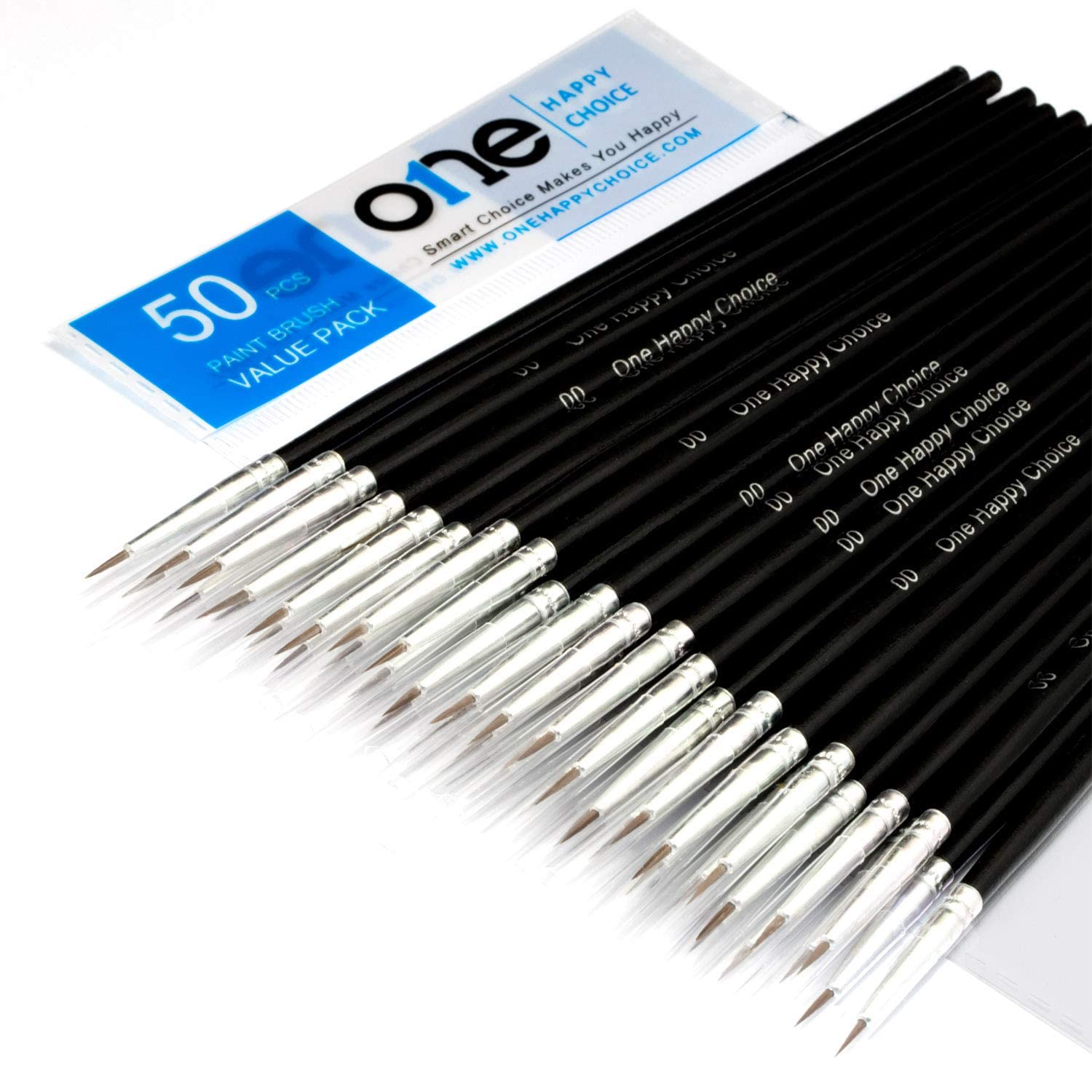 One Happy Choice Black 50 Pcs Pack Of Synthetic Detail Paint Brushes For Acrylic, Oil And Watercolour Painting - Pointed Round (Size #00 (Small))