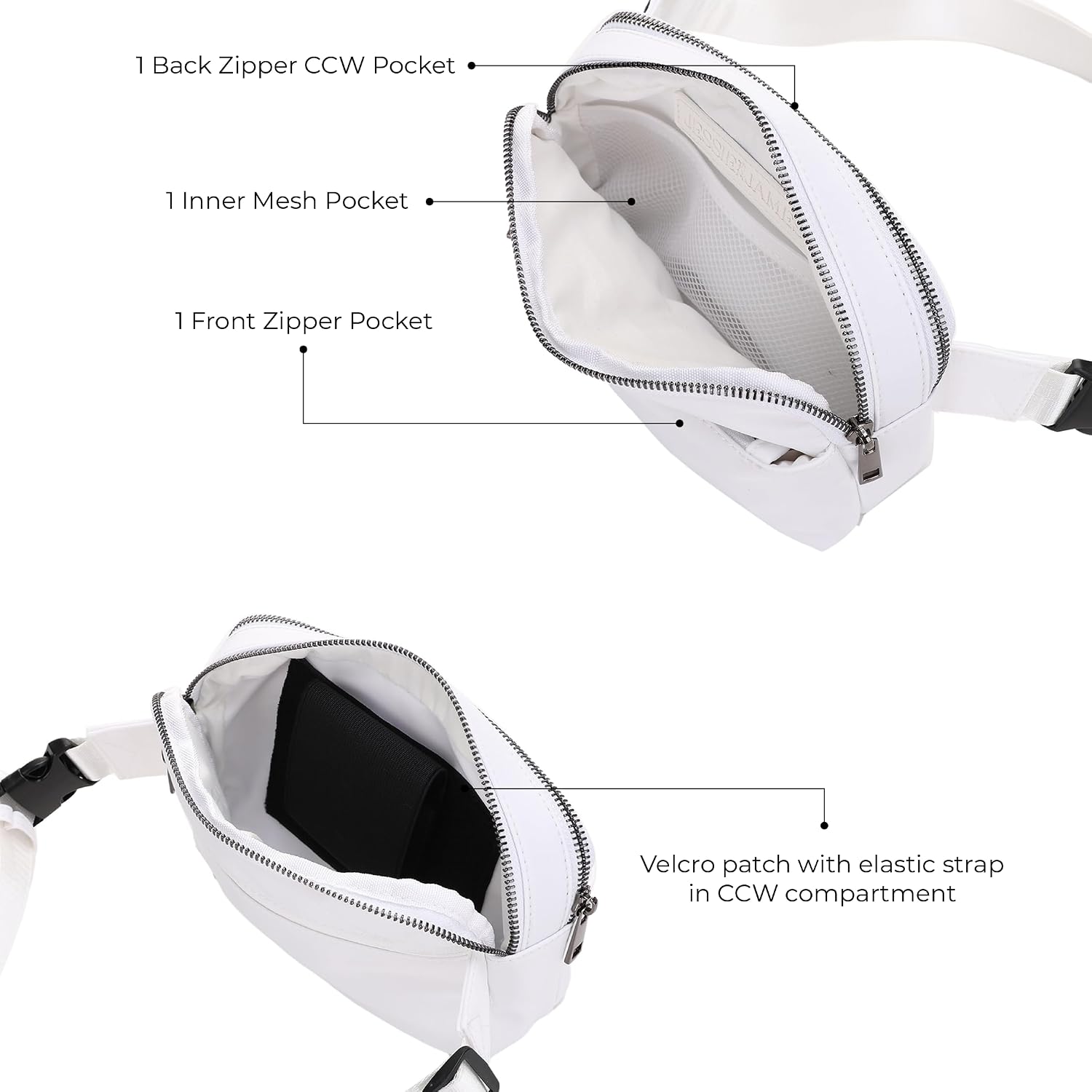 Jessie & James Crossbody Nylon Waist Pack with Adjustable Buckle Strap Fashion Multi Pocket Belt Bag for| White
