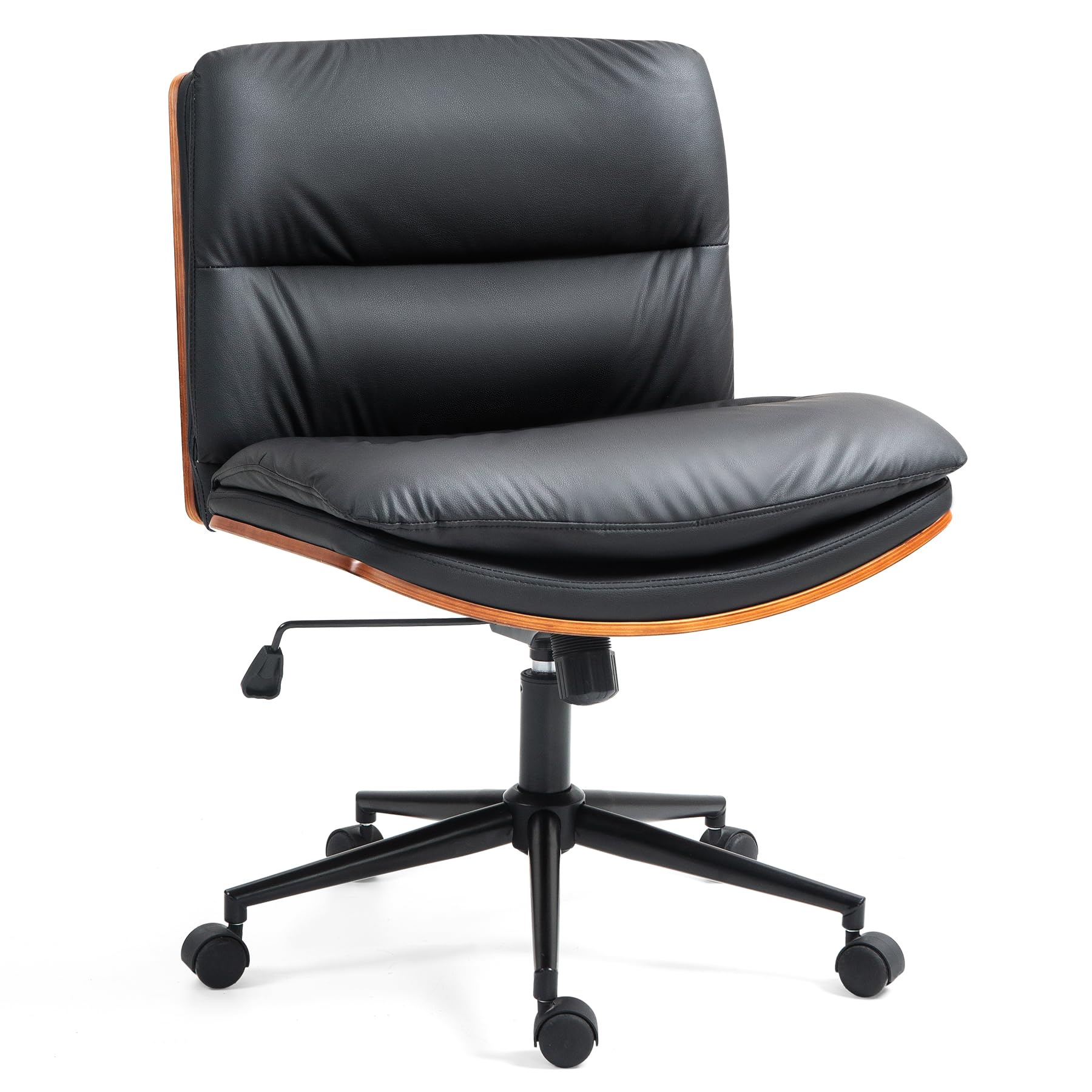 Office Chair, Criss Cross Legged Office Desk Chairs with Wheels, PU Leather Adjustable Swivel Walnut Task Chair with Wide Seat, Ergonomic Mid Back Computer Chair for Meeting Room, Home