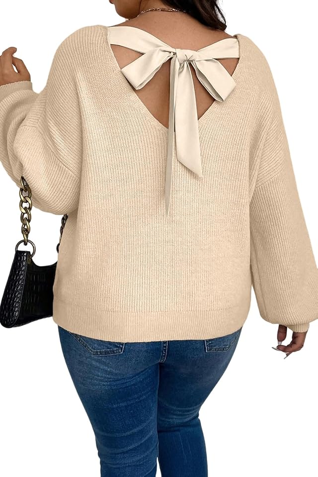 Wolddress Womens Casual Pullovers Apricot Plus Size Ribbed Knit V Neck Ribbon Knot Back Drop Shoulder Sweater