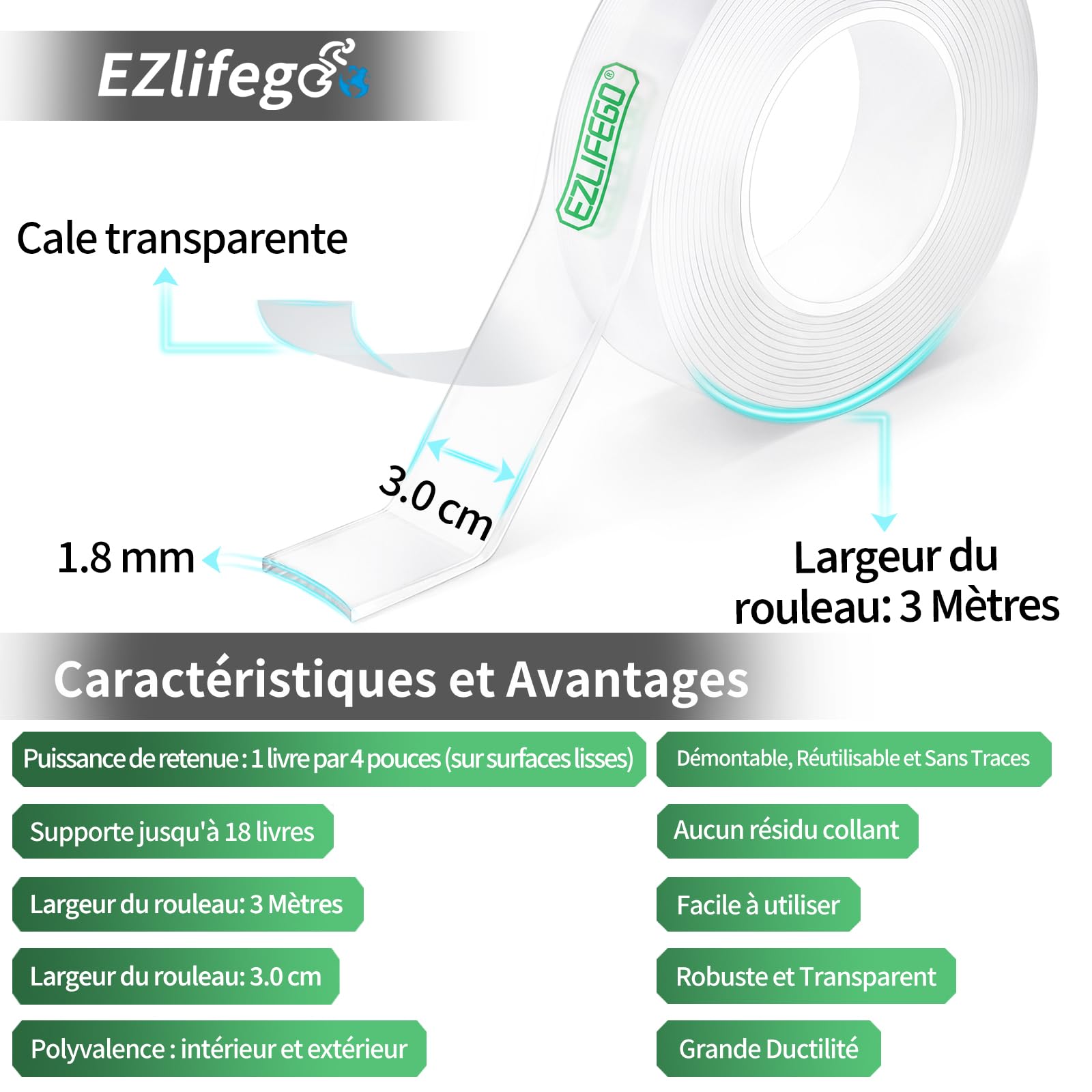 Nano-Ruban Adhésif Double Face Puissant Réutilisable Transparent 3 Mètres