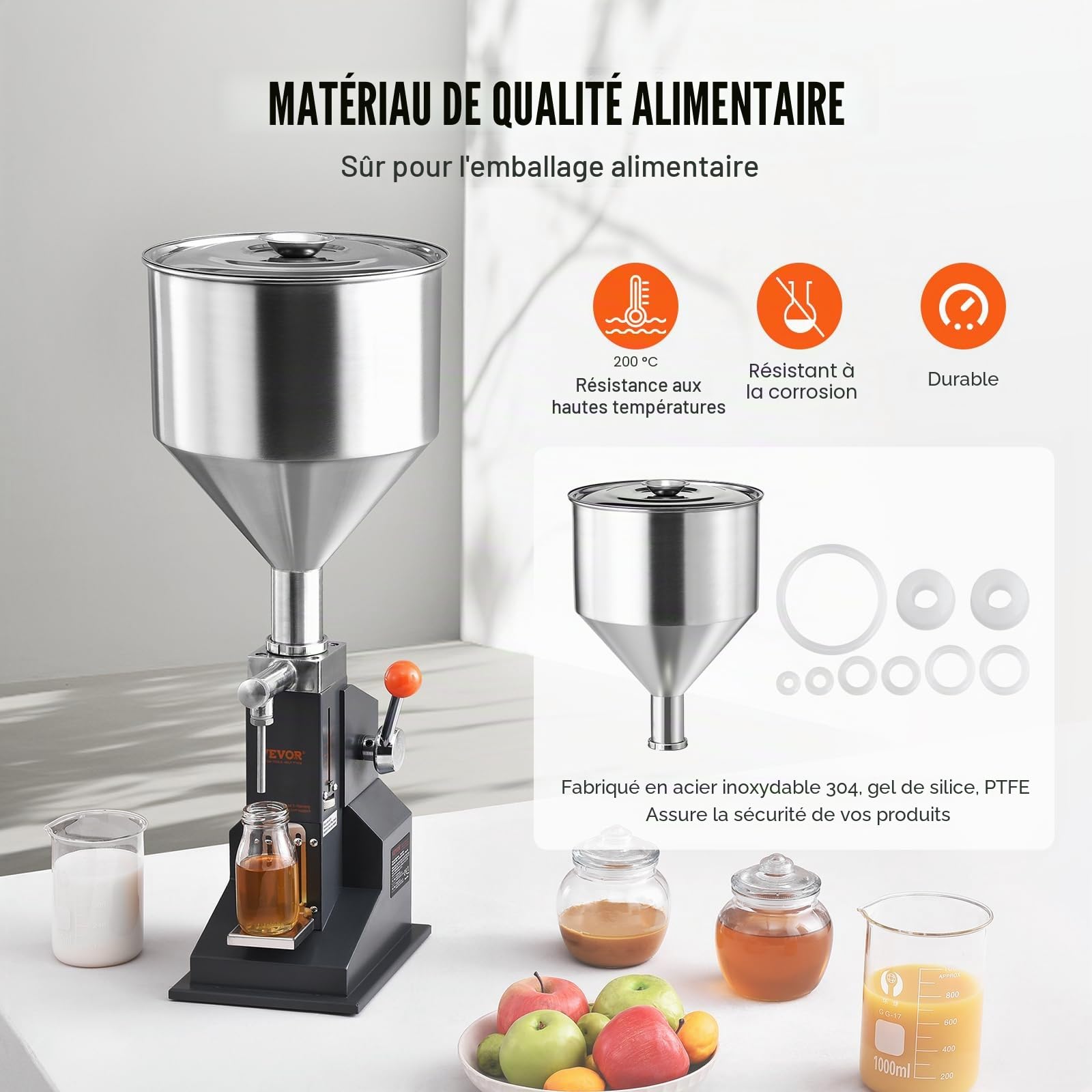 VEVOR Machine de Remplissage de Liquide Pâte Manuelle 5-50 mL Remplisseuse de Bouteilles Réglable Acier Inoxydable avec Trémie pour Lait, Eau, Jus, Huile Essentielle, Shampoing, Miel, Crème Cosmétique