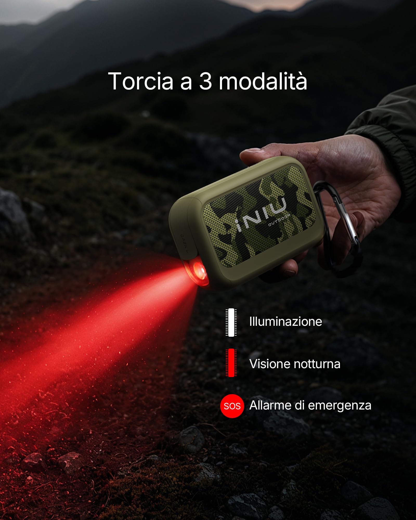 INIU 45W Power Bank, 10000mAh Caricatore Portatile Outdoor Robusto | Batteria per campeggio ed escursioni con moschettone, cavo USB-C e torcia, per iPhone 17 16 Samsung S26 e altro
