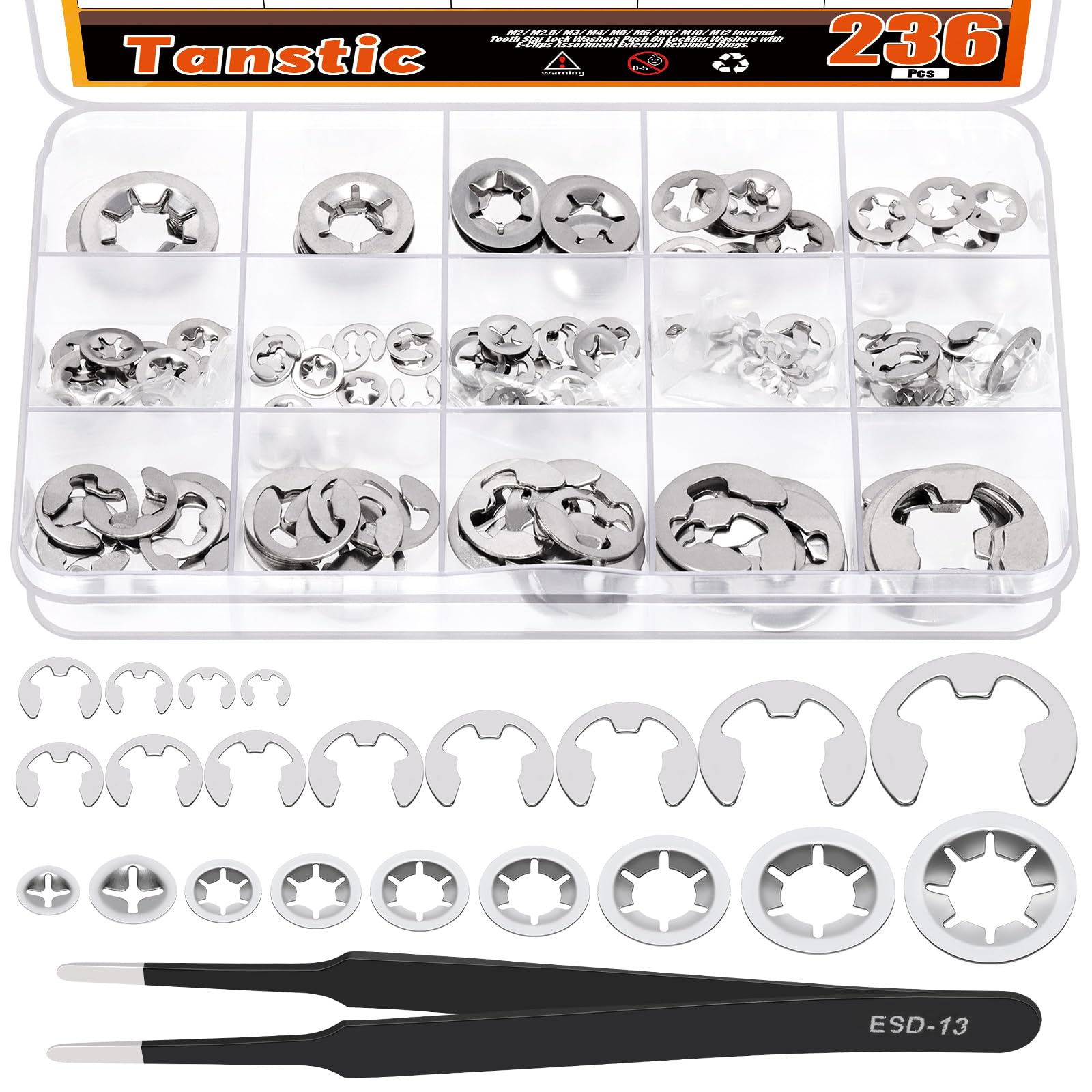 Tanstic 236Pcs Internal Tooth Star Lock Washers and E-Clip Push On Locking Washers Quick Speed Locking Washers External Retaining Ring with Tweezers