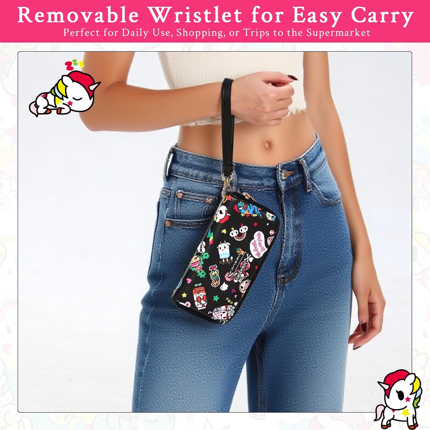 tokidoki Official Wallet Wristlet， Zipper Around PU Leather Phone Wallet image 3