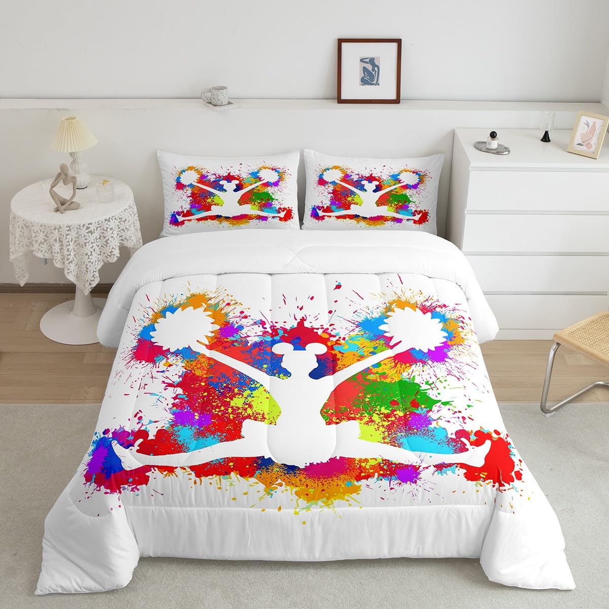 Feelyou Colorful Cheerleader Comforter Set Cheerleading Comforter for Kids Boys Girls Cheer Team Bedding Set Breathable Gymnastics Lovers Duvet Set Room Decor Quilt Set Full Size