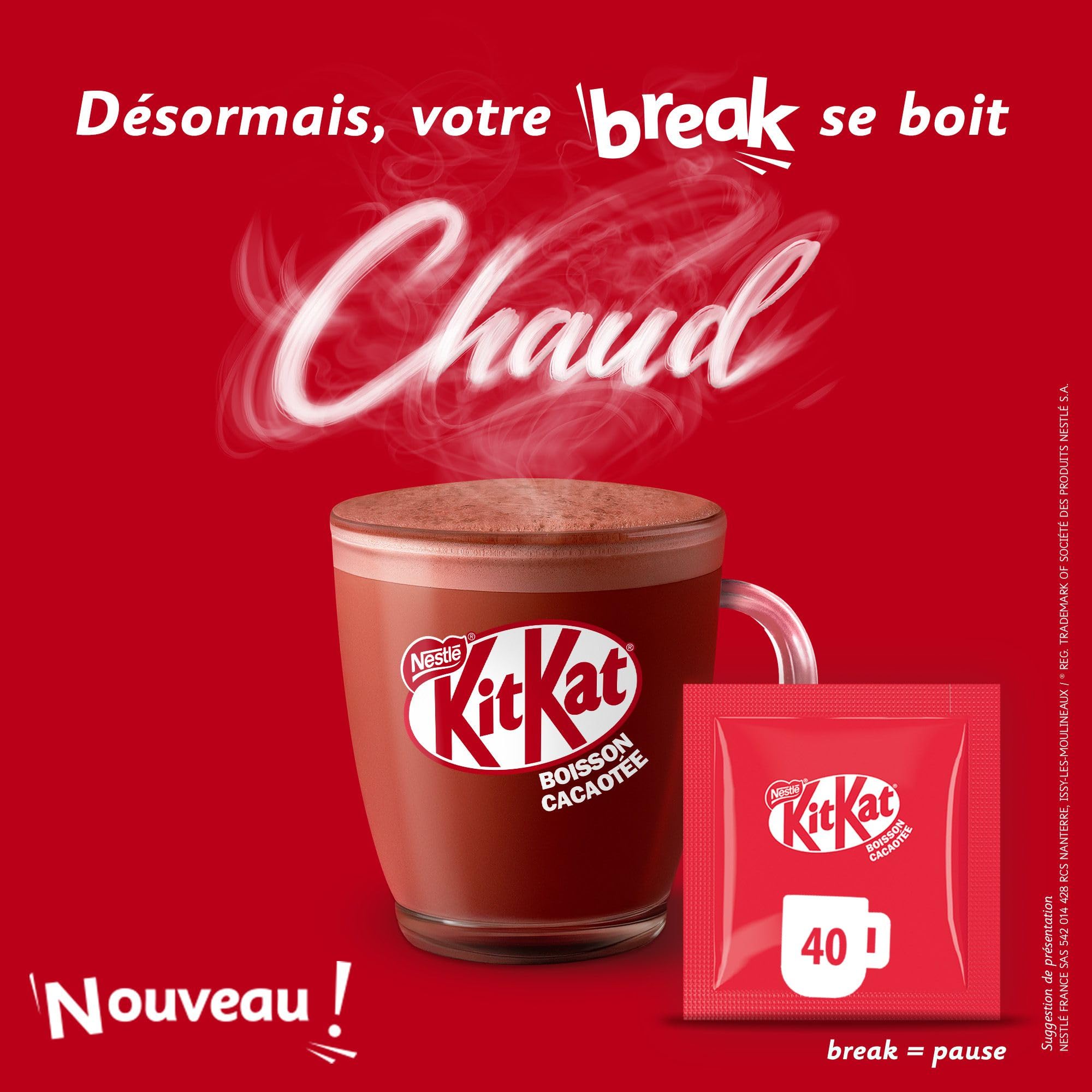 KITKAT Boisson Cacaotée Goût Gaufrettes - 40 Sachets Solubles - Pour Préparer un Chocolat Chaud Instantané - A Mélanger avec de l'Eau - Cacao Certifié Rainforest Alliance - 40 Sticks de 28g
