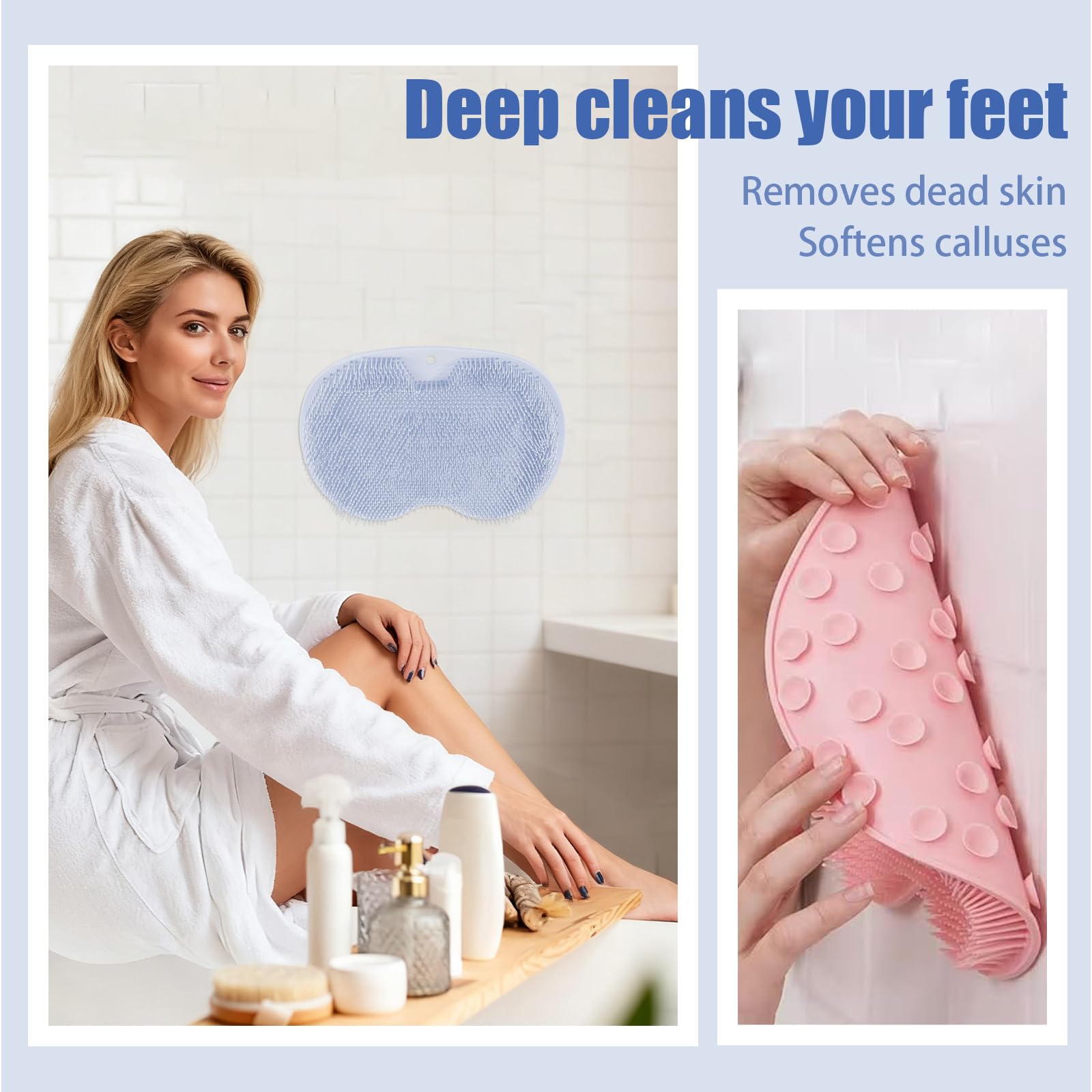 Silicone Shower Foot Brush Pad 2 sztuki 30 x 22 cm (niebieski + różowy) | Antypoślizgowa silikonowa podkładka do masażu szczotka do stóp pod prysznic odpowiednia do łazienki, podróży służbowej