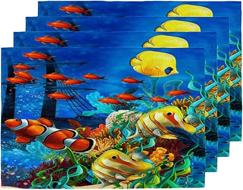 Juego de 4 manteles individuales con diseño de pez océano, lavables, impermeables, para decoración de mesa de comedor, 18 x 12 pulgadas