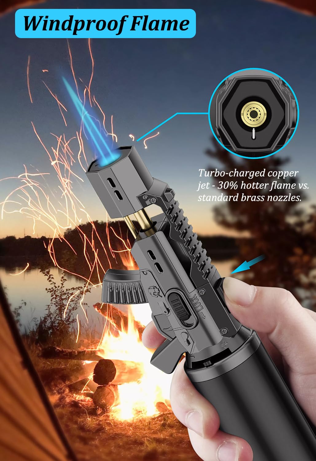 Torch Lighter - Windproof Butane Torch Lighter, Refillable Jet Flame Lighters with Flame Lock, Cooking Torches for Camping, BBQ.(Gas Not Include)
