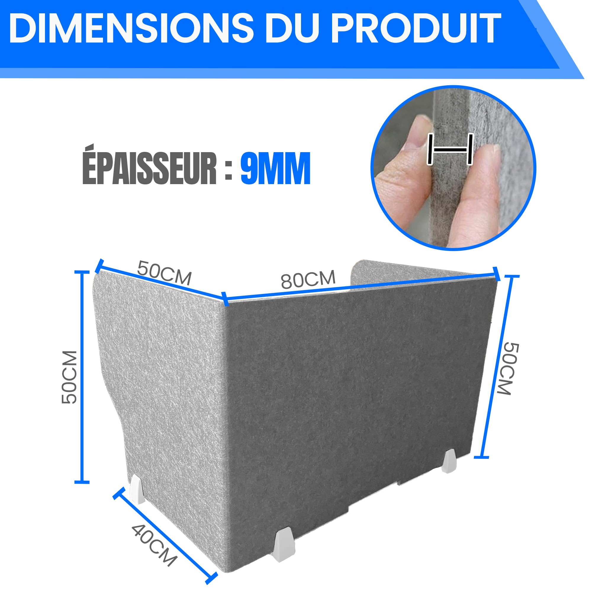 Cloison de bureau ReFind Pro. Réduction acoustique et écran de confidentialité pliable pour espace de travail. Organisateur de bureau autonome. Pour bureau, école et télétravail. [50cm x 50cm x 80...