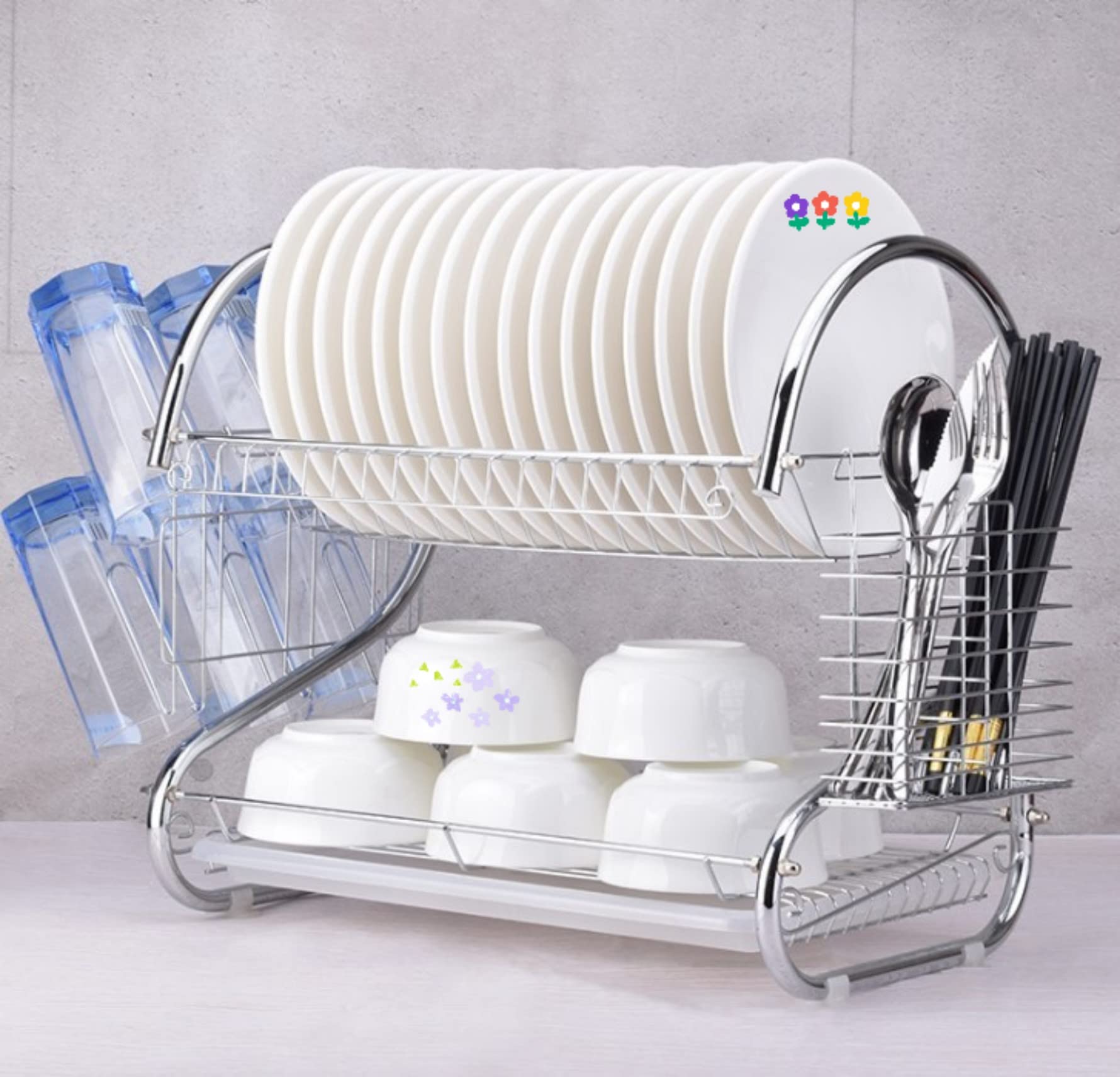 Escurridor para platos, escurridor de platos de 2 plantas con escurridor y cesta de cubiertos, escurridor automático para platos, estante para platos de cocina, 40 * 26 * 37cm (jaula de palillos +