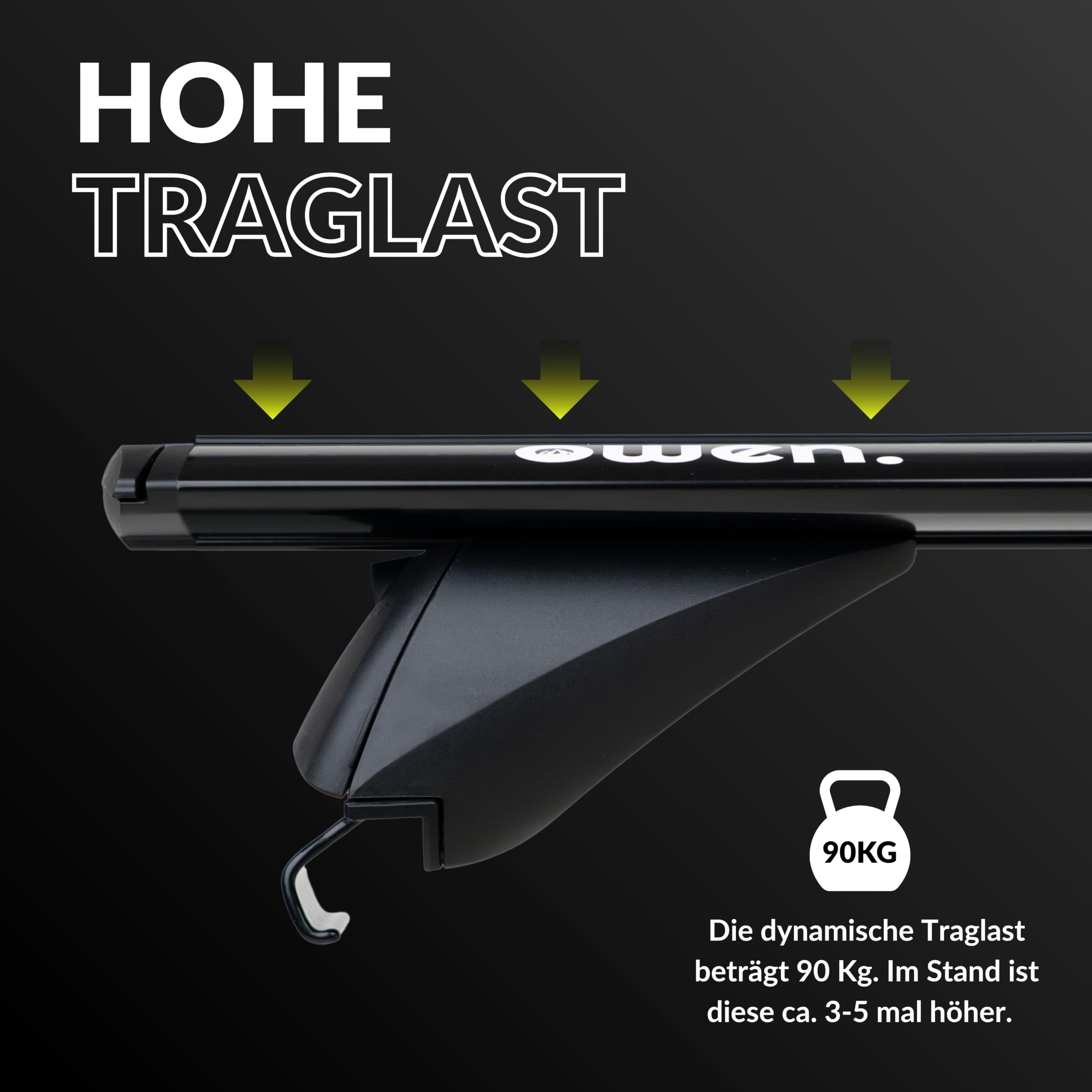 Owen Dachträger 3.0 Pro Schwarz 120cm - für geschlossene & bündige Reling | 90 kg Tragkraft | 2 min Montage | Geprüft nach DIN 75302 |Top-Performance Relingträger für Ihr Auto