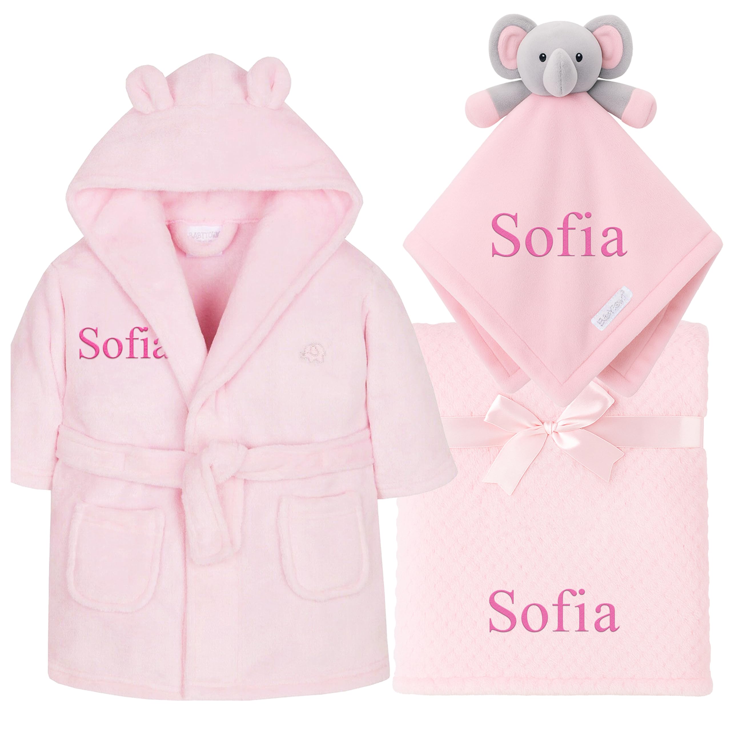 The Baby Box Uk Pink Personalised Baby Dressing Gown, Elephant Comforter & Blanket Set Gift Bundle Waffle ( Robe, Elephant Comforter, Waffle Blanket, 6-12 Months)