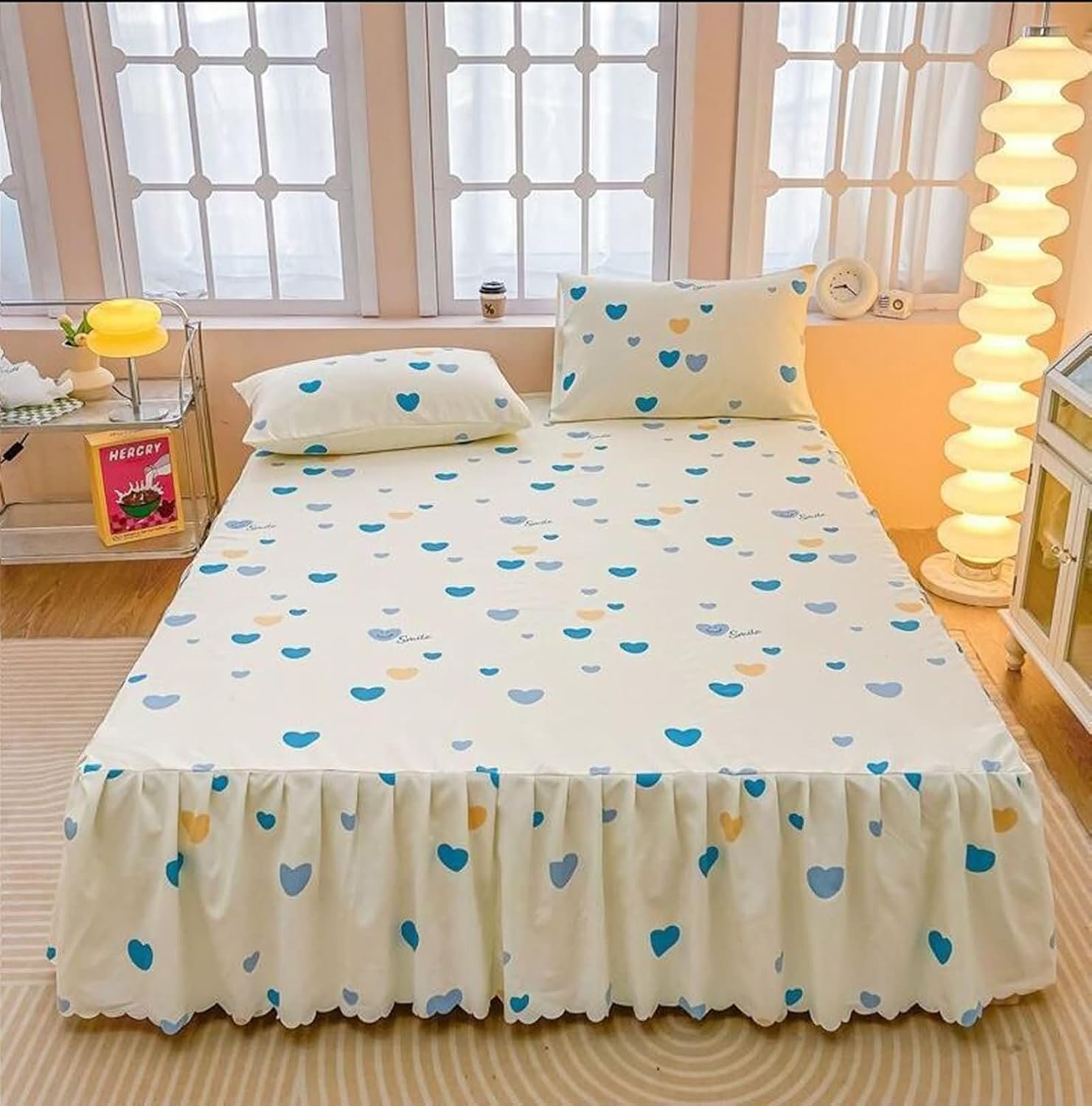 Beydodo Fitted Bed Sheets 120x200cm, Polyester Ruffles Bed Skirt Heart Pattern, Bed Fitted Sheet for Dorm