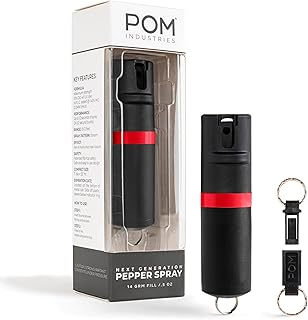 POM Premium Pepper Spray Keychain, Quick Release Access Flip Top Safety, Police Grade OC Formula with UV Marking Dye, 25 Precision Bursts, 10 Foot Effective Range, Made in USA